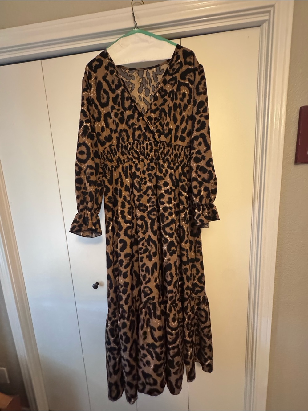 Leopard Print V-Neck Long Sleeve Maxi Dress - Brown